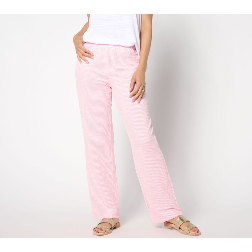 Ryan Simkhai Eyeshop Women's Pants Sz XL Seersucker Wide Leg Pant Pink A647678